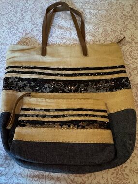 Set of two Beige and Navy Blue Sequin Stripe Tote Bag